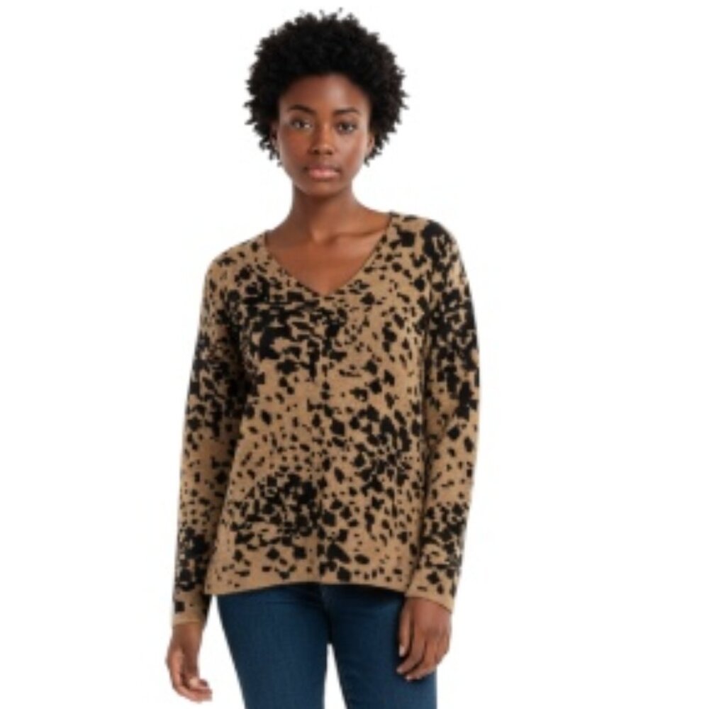 Burberry London XL Wool Cashmere V Neck Tan Black Animal Print Sweater